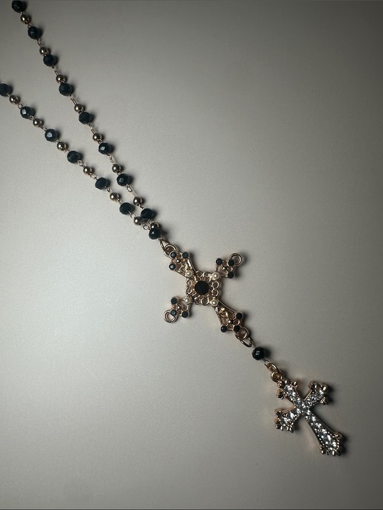 Jewelry - Gold-Tone Cross Rosary Necklace with Black Beads -